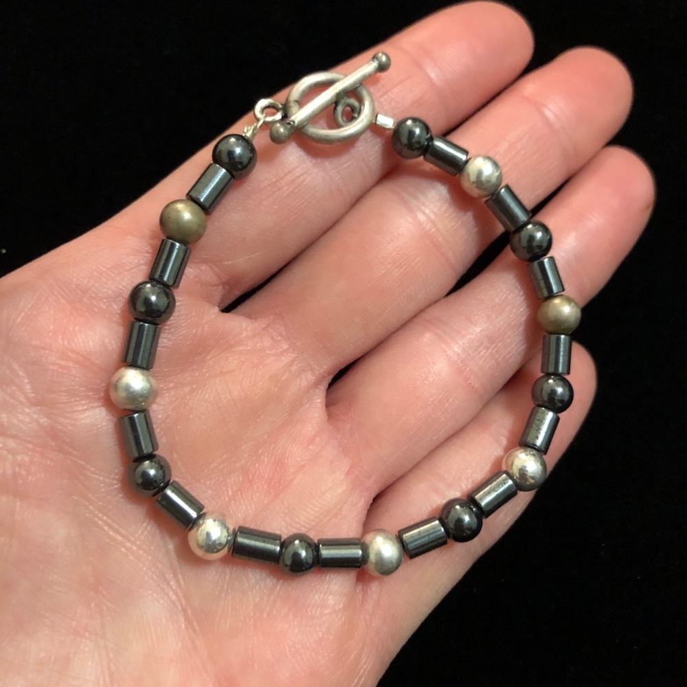 Vintage Hematite and Silver Tone Beaded Bracelet